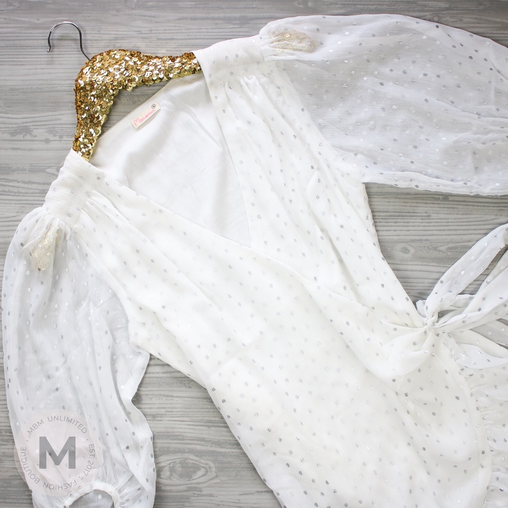 White Silver Dots Ruffle Hem Wrap Dress - Picture 3 of 9